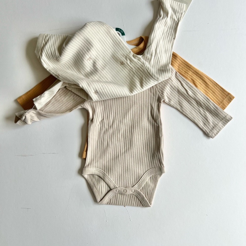 2 Cloud Island 3pc Ribbed Cream and Tan Baby Bodysuit Set Long Sleeve Bird Print - Picture 7 of 13